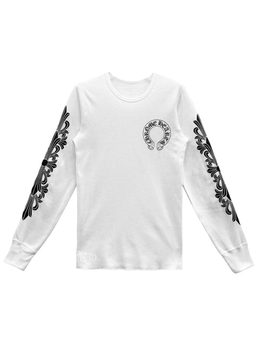 Chrome Hearts Horseshoe Logo Floral Sleeve Waffle Thermal LS Tee White