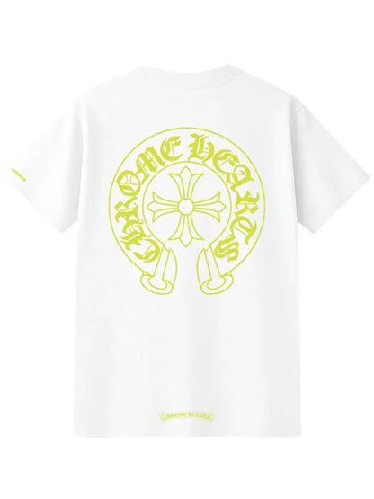 Chrome Hearts Neon Green Horseshoe Logo Floral Sleeve Tee White