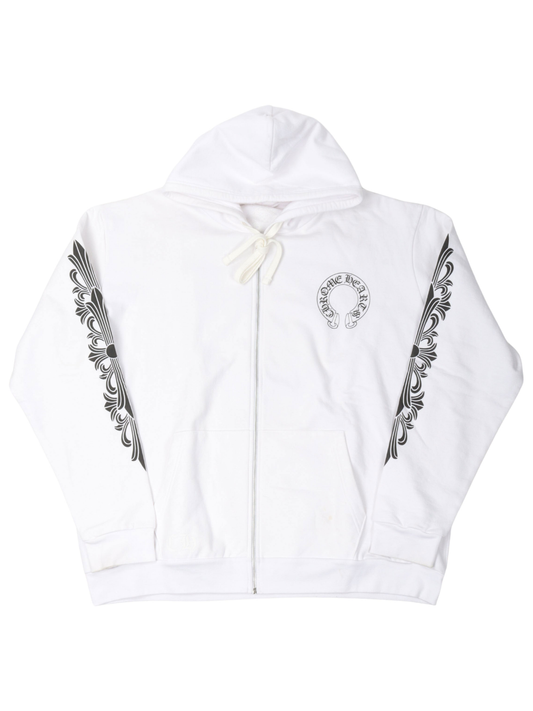 Chrome Hearts Horseshoe Logo Floral Sleeve Zip Hoodie White