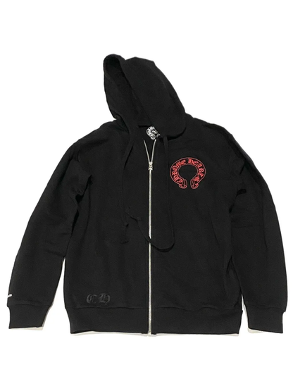Chrome Hearts Red Horseshoe Cemetery Cross Zip Hoodie Black