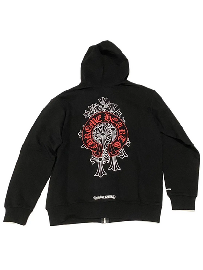 Chrome Hearts Red Horseshoe Cemetery Cross Zip Hoodie Black