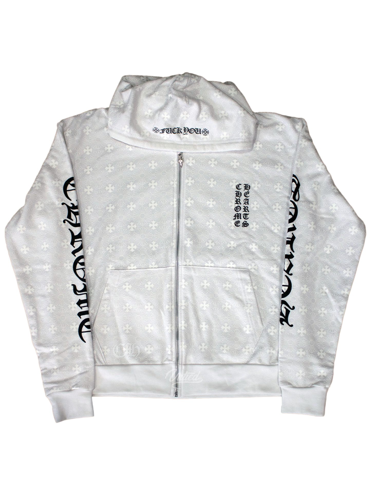 Chrome Hearts Vertical Logo Full Graphic Printed Horseshoes Logo Back FxckYou Print on Hood Zip Hoodie White