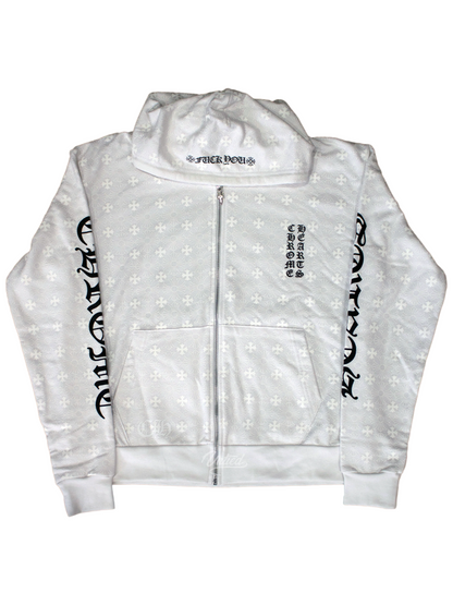 Chrome Hearts Vertical Logo Full Graphic Printed Horseshoes Logo Back FxckYou Print on Hood Zip Hoodie White