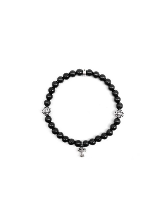 Chrome Hearts 6mm Black Bead Bracelet with 2 Silver Balls & Silver Baby Fat