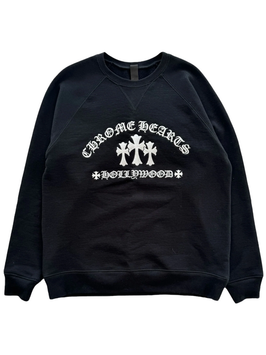 Chrome Hearts Triple Cross Hollywood Embroidery Front with Silver Scroll Back Crewneck Black