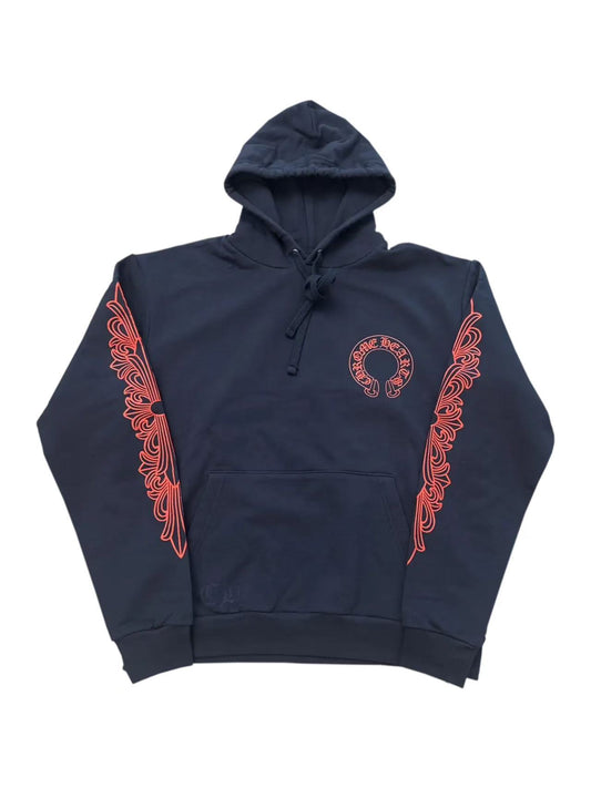 Chrome Hearts Red Horseshoe Logo Floral Sleeve Hoodie Navy Blue