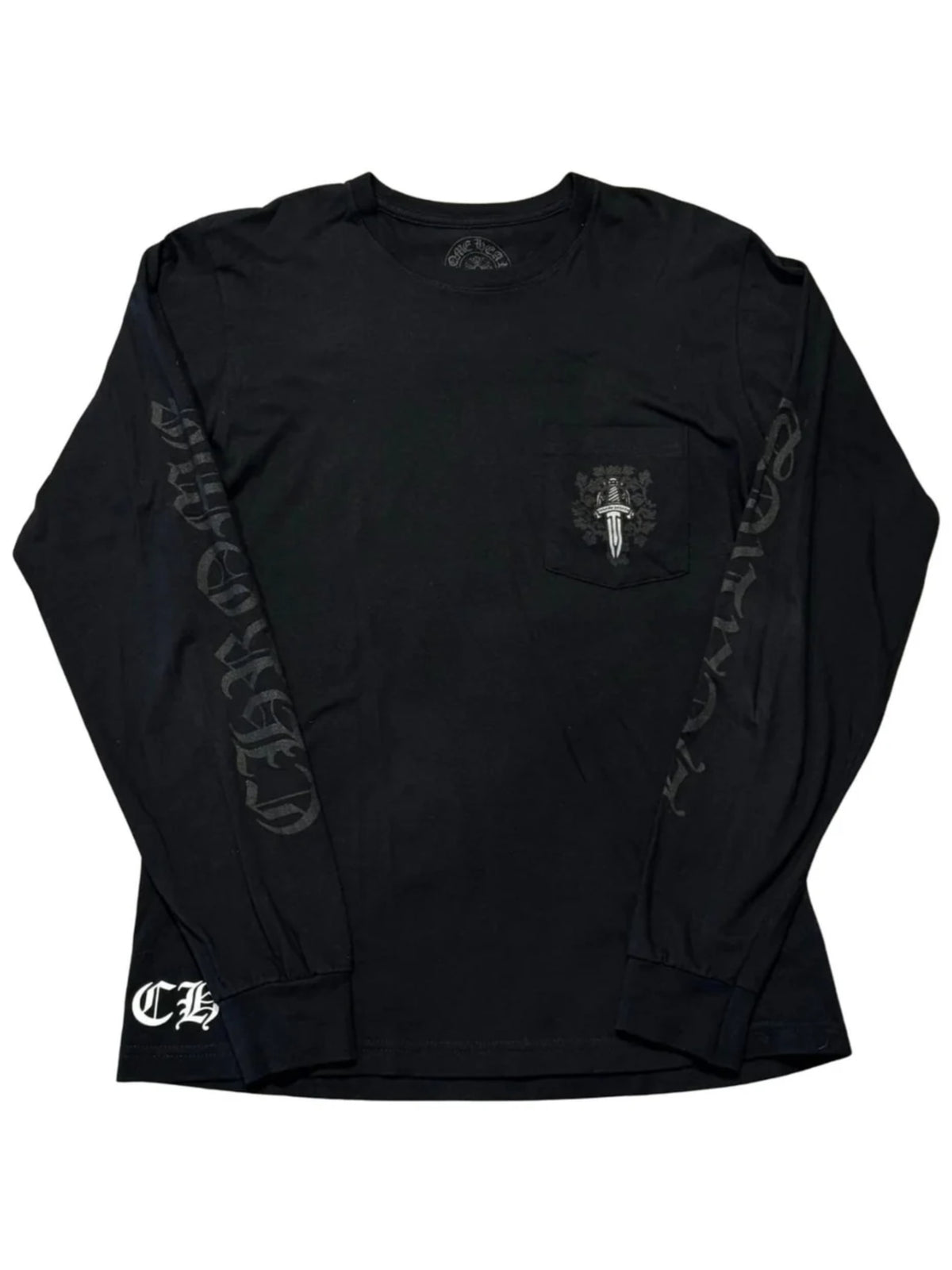Chrome Hearts Silver Floral Dagger Black Script Logo Sleeve LS Tee Black