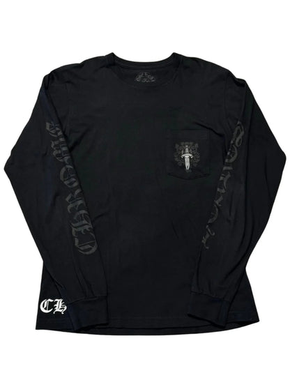 Chrome Hearts Silver Floral Dagger Black Script Logo Sleeve LS Tee Black