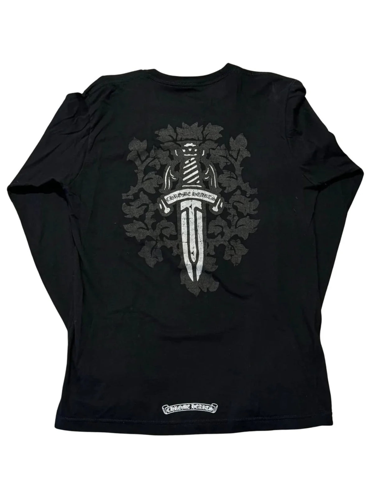 Chrome Hearts Silver Floral Dagger Black Script Logo Sleeve LS Tee Black