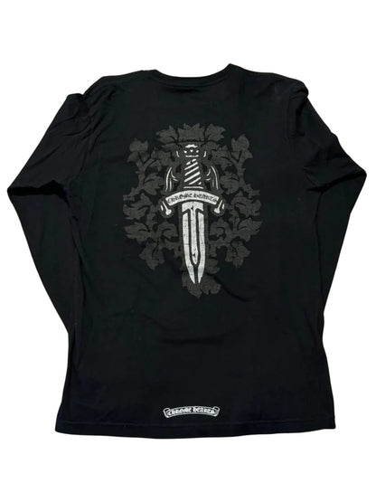 Chrome Hearts Silver Floral Dagger Black Script Logo Sleeve LS Tee Black
