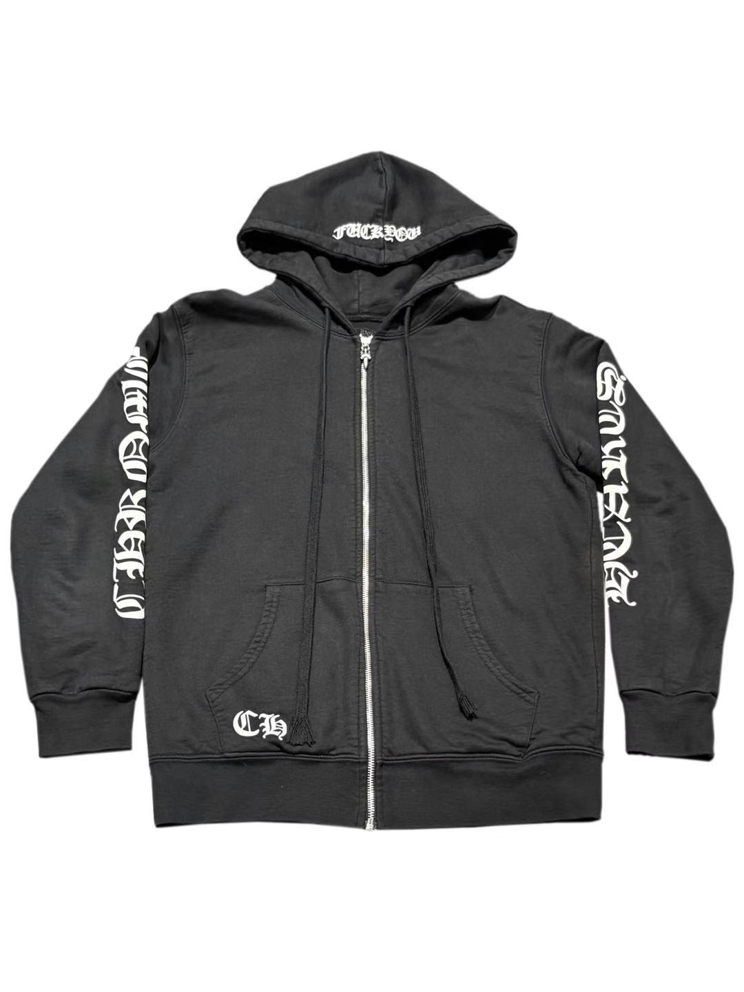 Chrome Hearts Horseshoe Logo Script Logo Sleeve Fxxk You Print on Hood Waffle Inside Zip Hoodie Black M C118344156-Used