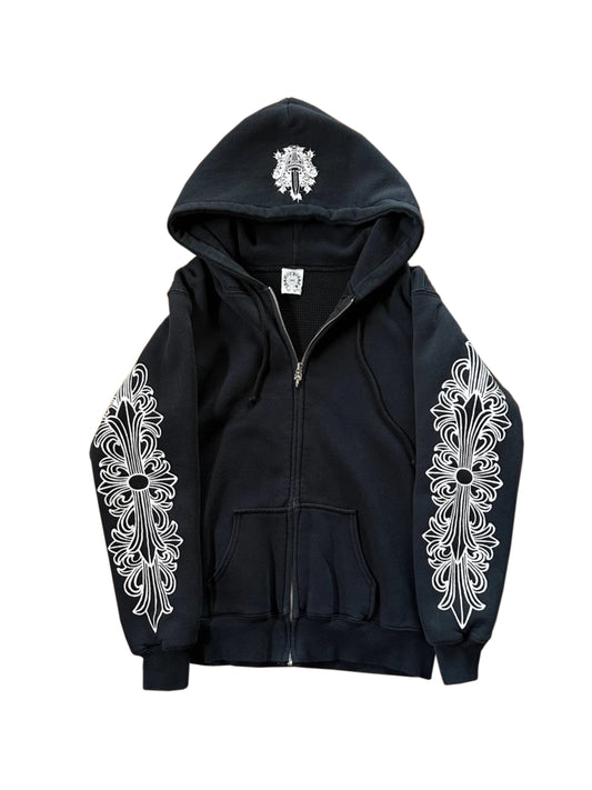 Chrome Hearts Horseshoe Logo Floral Sleeve Dagger on Hood Waffle Inside Zip Hoodie Black Size S C118468337-Used