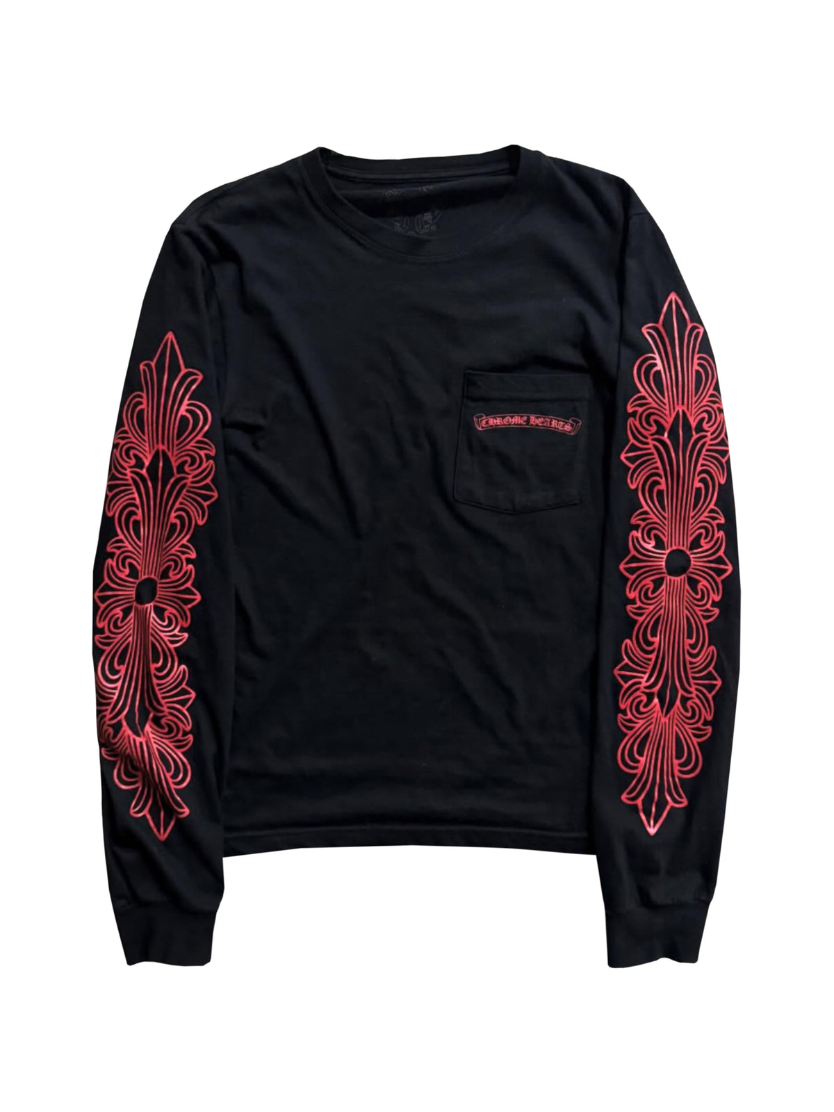 Chrome Hearts Dark Red Floral Sleeve Black Horseshoe Logo Back LS Tee Black