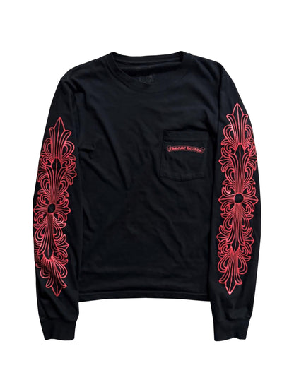 Chrome Hearts Dark Red Floral Sleeve Black Horseshoe Logo Back LS Tee Black