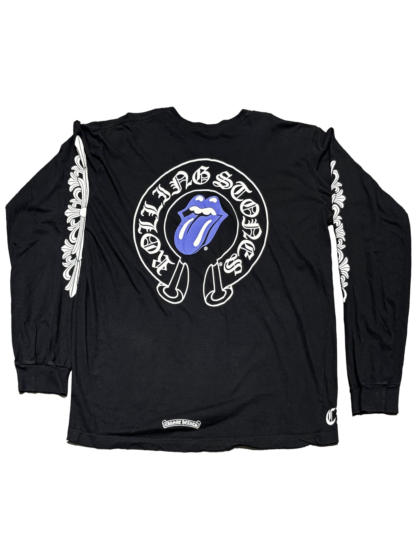 Chrome Hearts Blue Rolling Stone Horseshoe Logo Back Floral Sleeve LS Tee Black XXL C119059864-Used