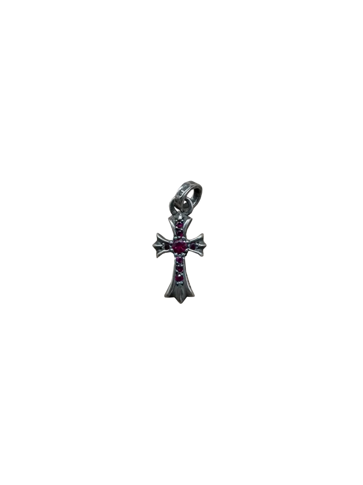 Chrome Hearts Silver Baby Fat Tiny Cross with Pink Sapphire Pendant C318114103-Used