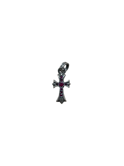 Chrome Hearts Silver Baby Fat Tiny Cross with Pink Sapphire Pendant C318114103-Used