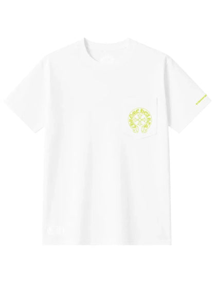 Chrome Hearts Neon Green Horseshoe Logo Floral Sleeve Tee White