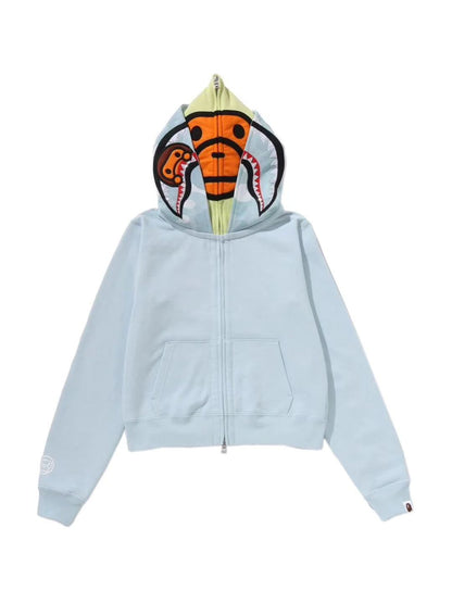 Bape Milo Shark Cropped Full Zip Double Hoodie Ladies Blue