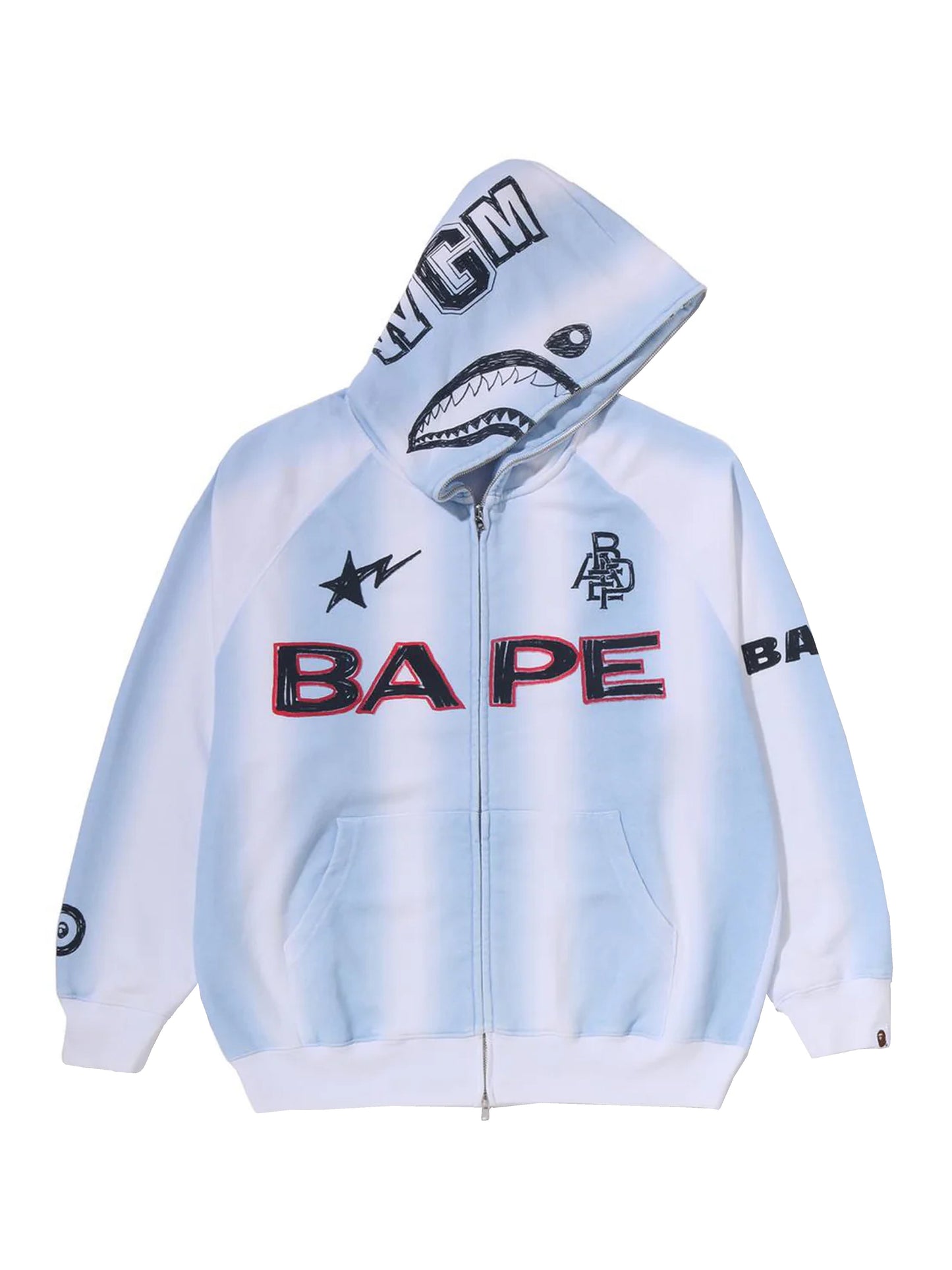 Bape Hand Draw Football Shark Full Zip Hoodie Relaxed Fit Blue