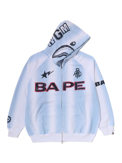 Bape Hand Draw Football Shark Full Zip Hoodie Relaxed Fit Blue