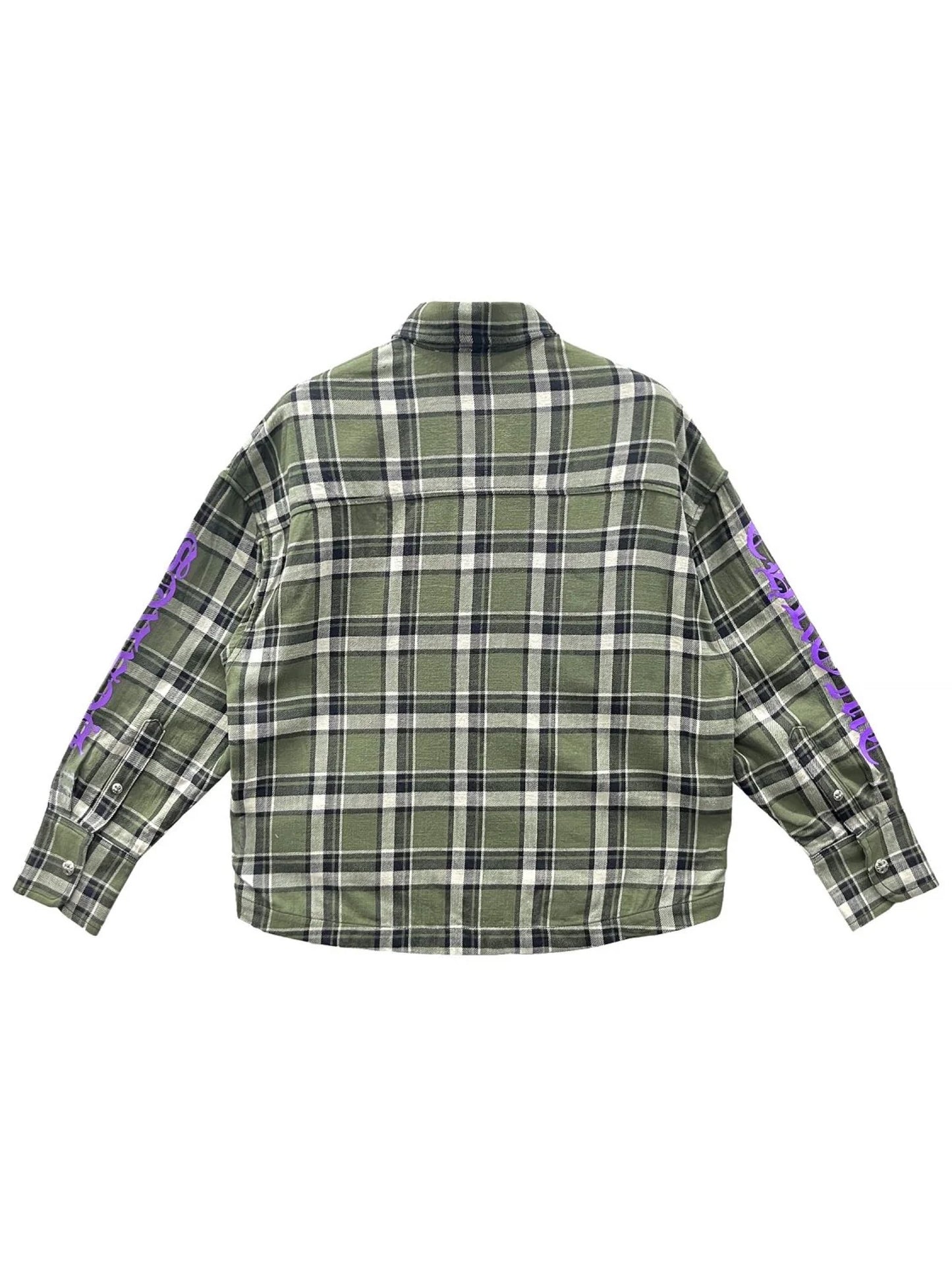 Chrome Hearts Work Dog Green Plaid Purple Floral Sleeve Flannel Jacket Green