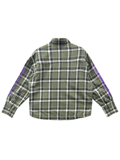 Chrome Hearts Work Dog Green Plaid Purple Floral Sleeve Flannel Jacket Green