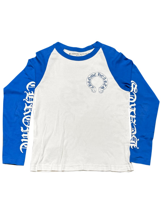 Chrome Hearts Horseshoe Logo Front Blue Script Sleeve Baseball LS Tee White S C118743201-Used