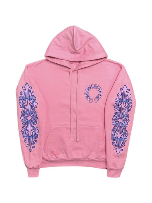 Chrome Hearts Blue Floral Sleeve Horseshoe Logo Back Hoodie Pink