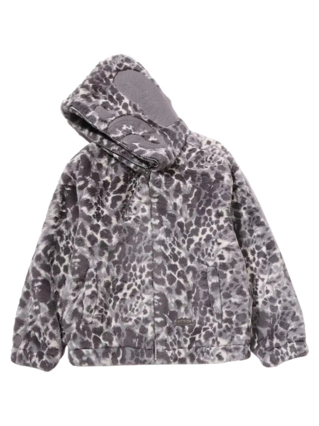 Bape Wild Leopard Pattern Faux Fur Shark Full Zip Jacket Silver