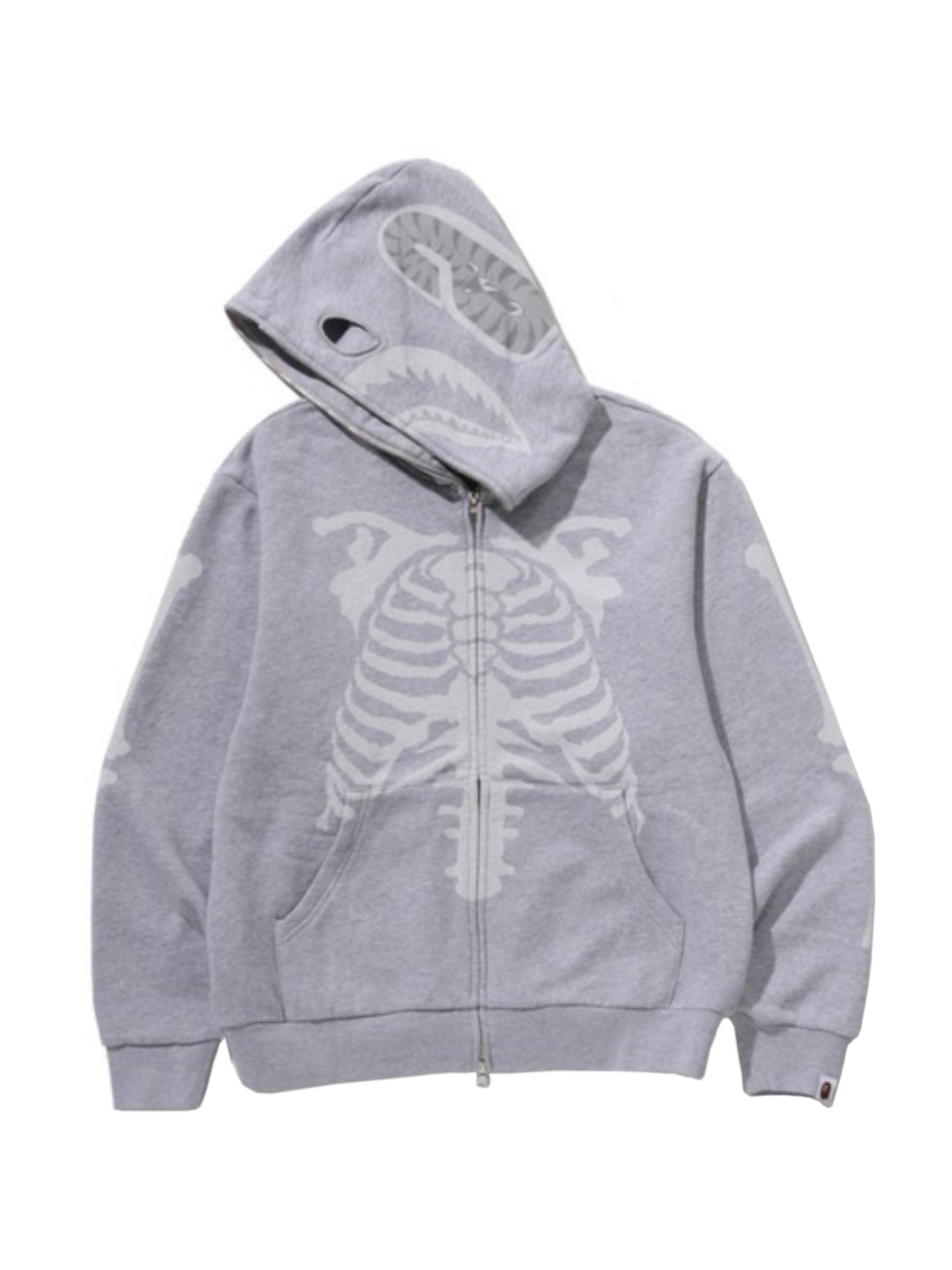 Bape Skeleton Shark Heavy Washed Cropped Fit Full Zip Hoodie Grey