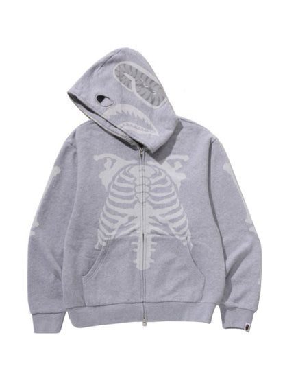 Bape Skeleton Shark Heavy Washed Cropped Fit Full Zip Hoodie Grey