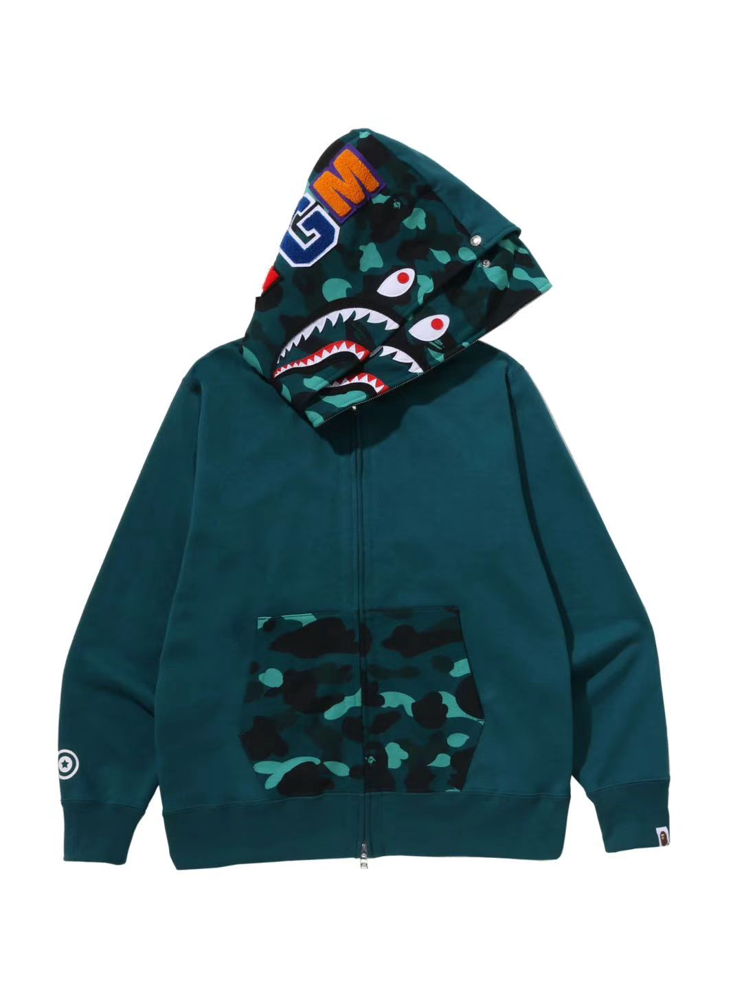 Bape Color Camo Shark Full Zip Double Hoodie Green Turquoise