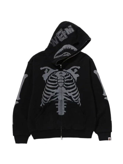 Bape Skeleton Shark Heavy Washed Cropped Fit Full Zip Hoodie Black
