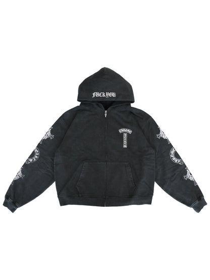 Chrome Hearts Family & Friends Soap Wash Multi Logo Print Zip Hoodie Grey