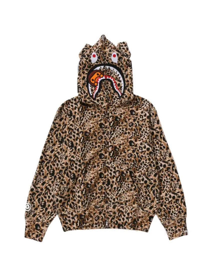 Bape Wild Leopard Pattern Milo Shark Full Zip Hoodie Beige