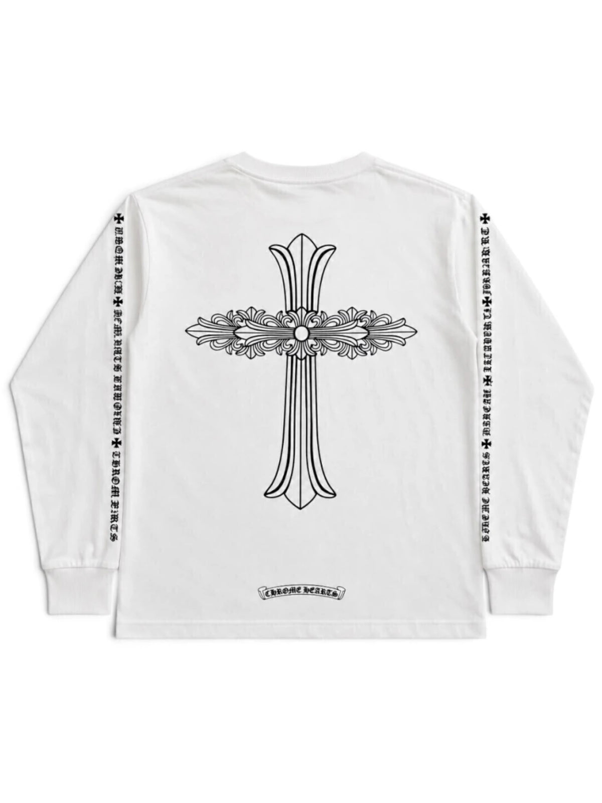 Chrome Hearts Vertical Logo Front Script Sleeve Large Double Floral Cross Back LS Tee White