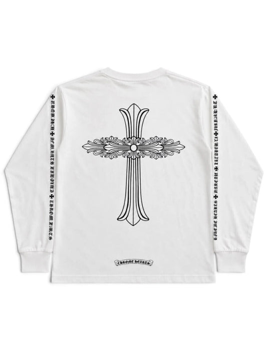 Chrome Hearts Vertical Logo Front Script Sleeve Large Double Floral Cross Back LS Tee White