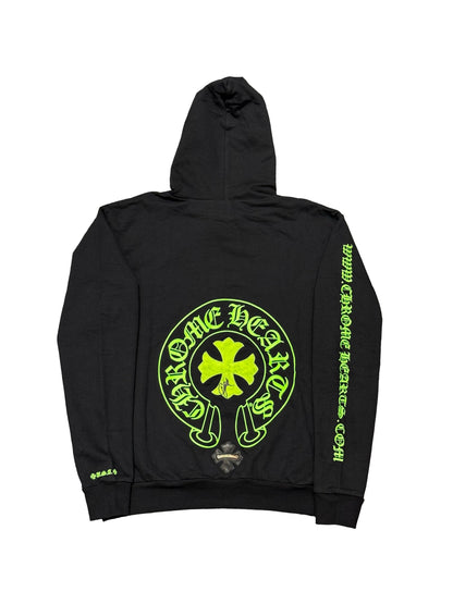 Chrome Hearts Green Website Sleeve Horseshoe Logo Leather Patches Silver Scroll Tag Back Friends and Family Autographed Hoodie Black