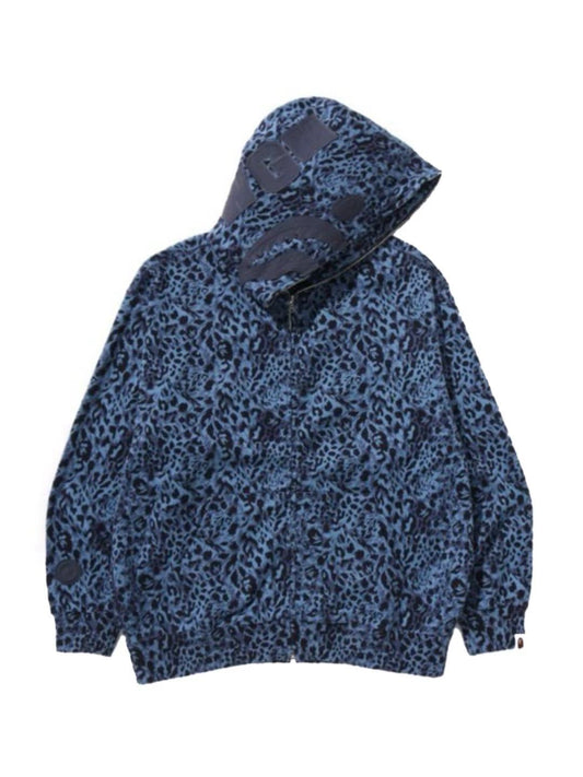 Bape Wild Leopard Pattern Shark Relaxed Fit Full Zip Hoodie Blue