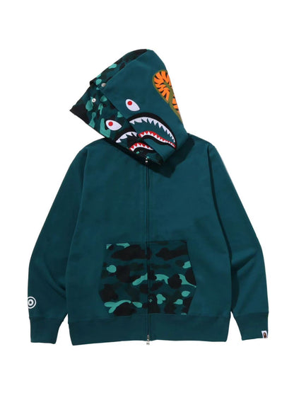 Bape Color Camo Shark Full Zip Double Hoodie Green Turquoise