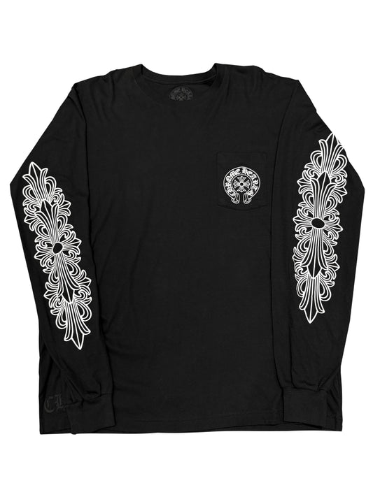Chrome Hearts Floral Sleeve Paris Exclusive Scroll Logo Back LS Tee Black XXL C119050040-Used